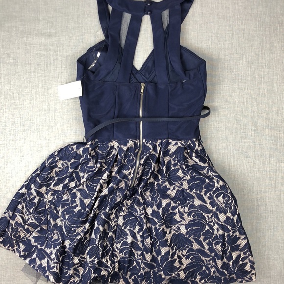 Crystal Doll Navy Lace Belted Flare Dress Sz 5 & 7 - Picture 6 of 6
